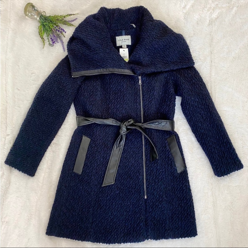 Cole Haan Signature Boucle Oversized Collar Coat in Navy & Black size 8 - Picture 7 of 12